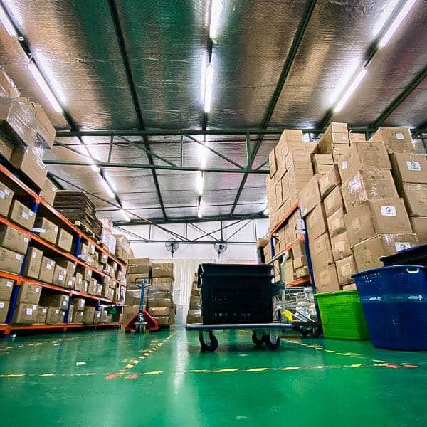 Racked storage aisle in the FlyBear warehouse